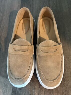 Suede Penny Loafers in Light Taupe - Women's Slip-On Flats